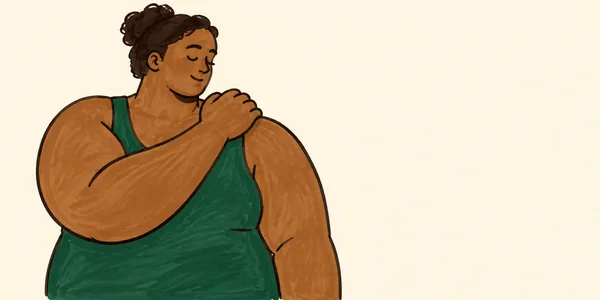 A person with dark hair and closed eyes crosses one long arm over their chest, resting a rounded hand on the opposite bare shoulder; they wear a sleeveless…