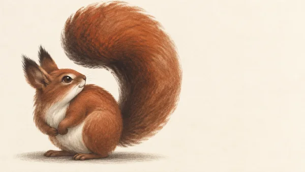 A rust-brown squirrel crouches on a soft ground shadow against warm ivory paper, looking toward its enormous curled tail; the illustration leaves open space on…