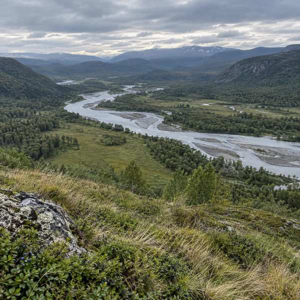 A braided river with pale gravel bars winds through a broad green valley, framed by lichen-covered rock, tussock grass and low shrubs in the foreground, with…