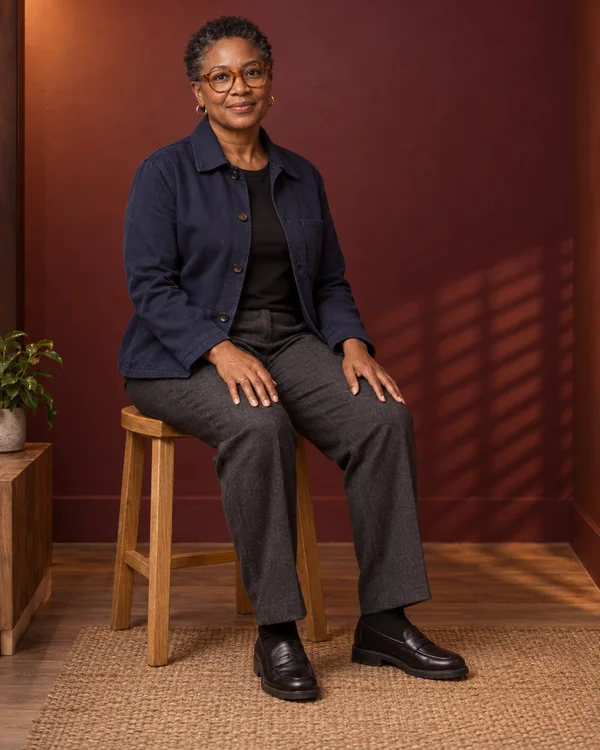 A woman wearing round amber glasses sits on a wooden stool in a burgundy-walled room, with her hands on her thighs and both shoes visible on a woven rug.