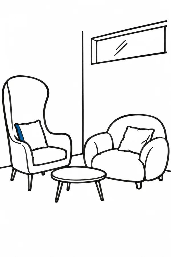 A hand-drawn counselling room with a tall rounded armchair on the left and a broad, low armchair on the right, facing across a small oval table.