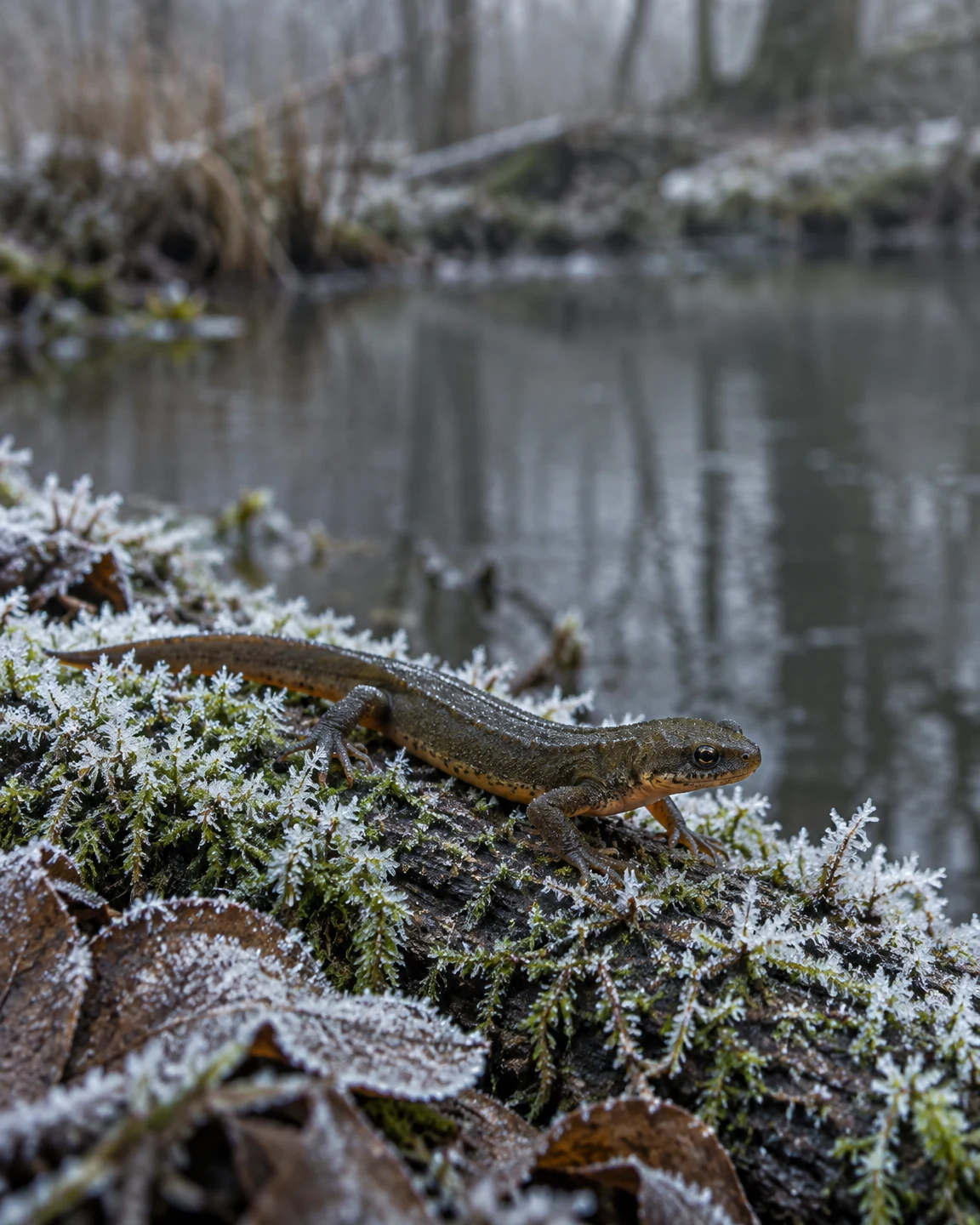A small olive-brown newt rests on a frost-covered mossy log beside still woodland water, its head facing right and its orange-brown underside visible.