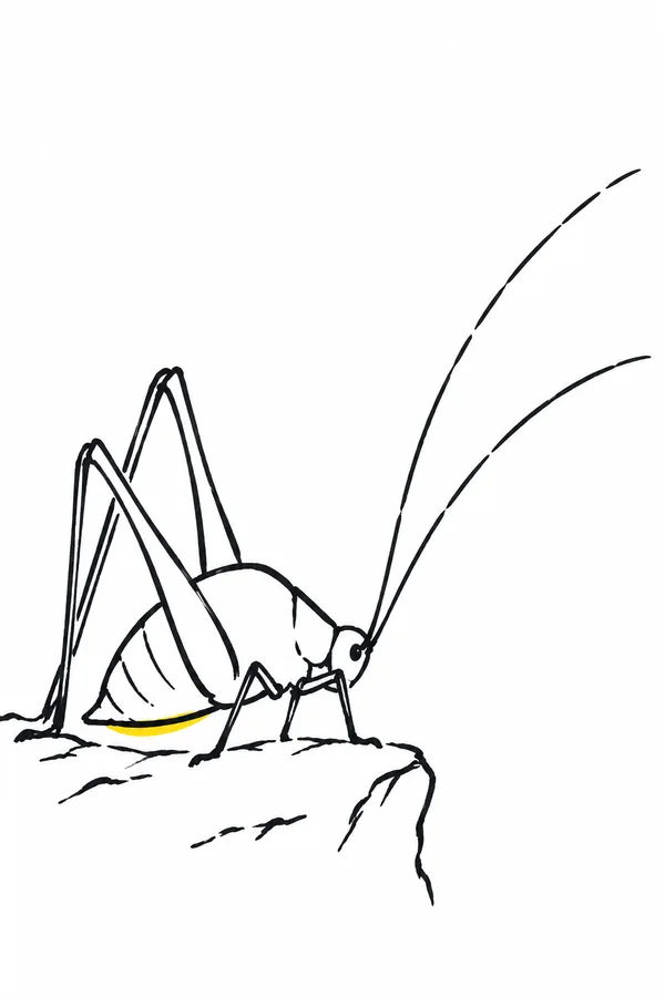 A black hand-drawn cave cricket rests on an irregular rock ledge against a white background, with oversized angular hind legs, long antennae sweeping upward to…