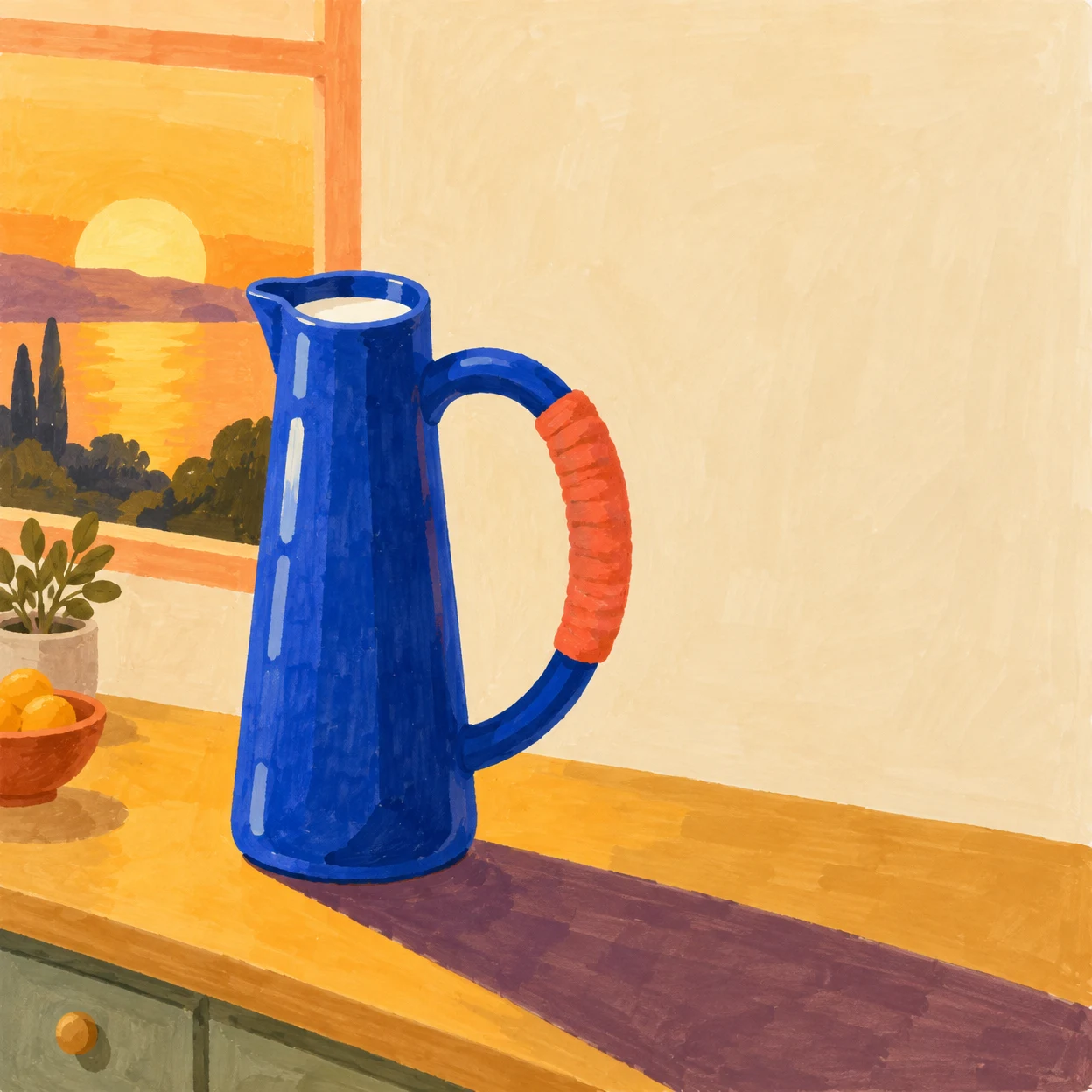 A tall cobalt-blue ceramic pitcher filled with milk stands on an ochre kitchen counter, its large handle wrapped in coral; sunset light from a window casts a…