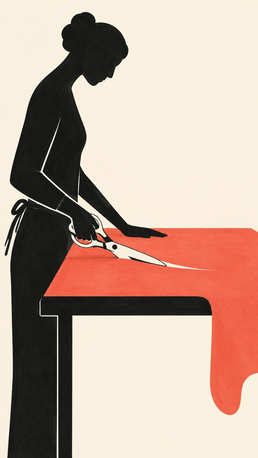 A near-black, side-profile figure leans over a cutting table and uses oversized cream tailoring shears to cut a broad coral fabric panel, which droops over the…