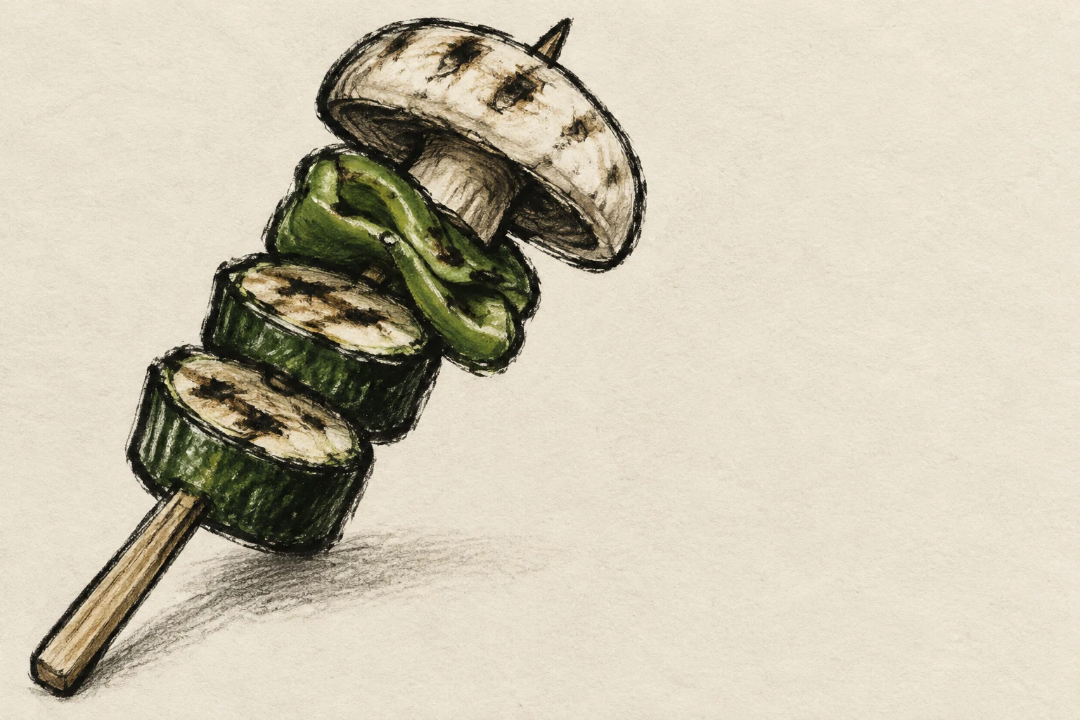 A hand-drawn charcoal illustration of a wooden skewer angled up from the lower left, holding two grilled forest-green zucchini rounds, a folded green pepper…