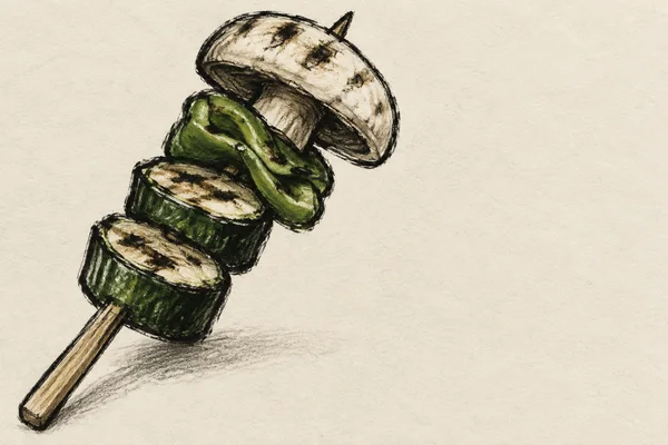 A hand-drawn charcoal illustration of a wooden skewer angled up from the lower left, holding two grilled forest-green zucchini rounds, a folded green pepper…
