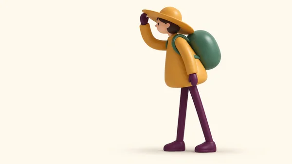 A stylized traveller in a large ochre sunhat and coat stands in left-facing profile, lifting the brim while wearing a rounded jade backpack.