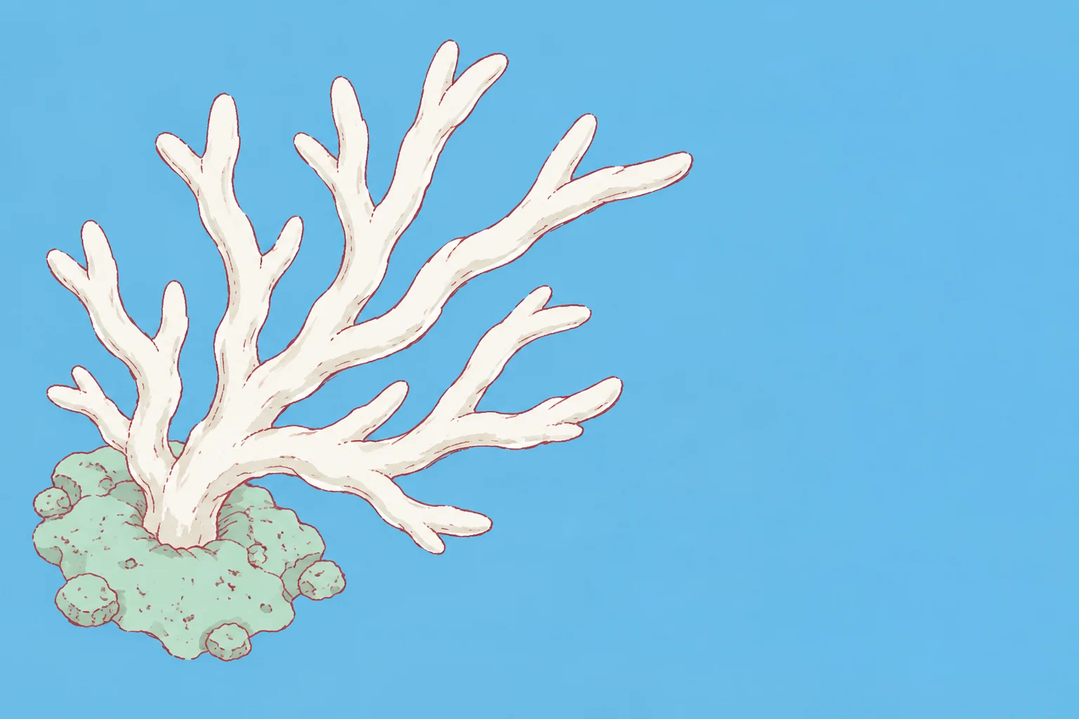 An ivory branching coral grows from an irregular pale mint reef patch against a blue background, with its branches spreading upward and to the right and open…