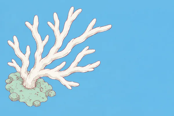 An ivory branching coral grows from an irregular pale mint reef patch against a blue background, with its branches spreading upward and to the right and open…