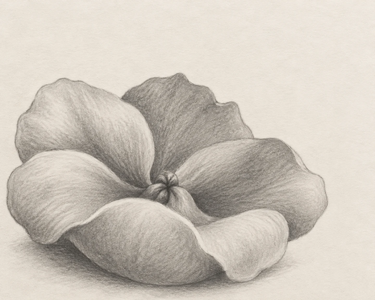 A broad, shallow graphite flower with layered, rounded petals and a small pinched centre sits on warm off-white paper, with open space above it.