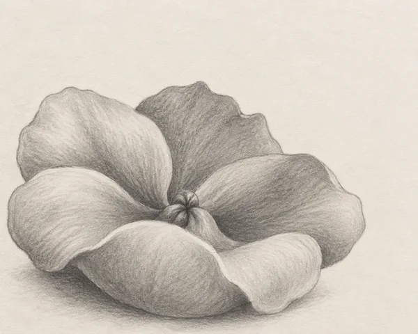 A broad, shallow graphite flower with layered, rounded petals and a small pinched centre sits on warm off-white paper, with open space above it.