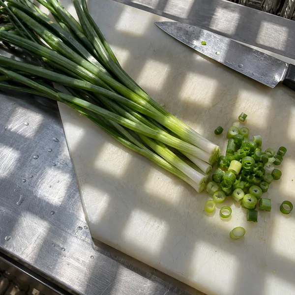 Overhead view of whole scallions and sliced green rings on a marked off-white cutting board, with a chef’s knife near the top and a strip of reflective steel…