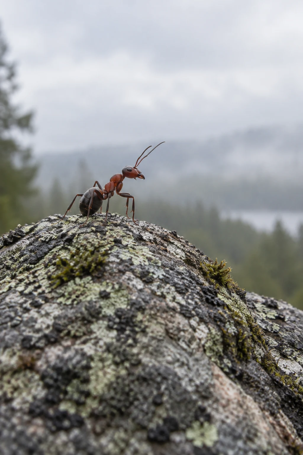 A red-brown wood ant with raised antennae stands on the lichen-covered crest of a rough stone, against a pale cloudy sky and blurred green woodland.