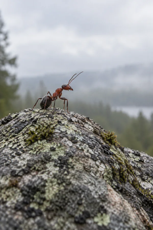 A red-brown wood ant with raised antennae stands on the lichen-covered crest of a rough stone, against a pale cloudy sky and blurred green woodland.