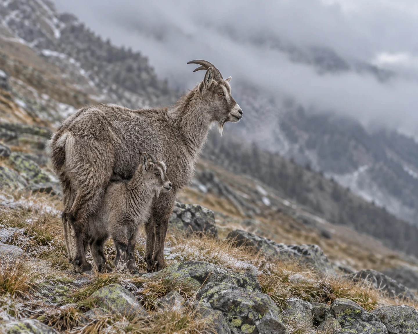 A shaggy grey-brown adult goat with curved horns stands beside a smaller kid on a rocky, frosty mountain slope; both face right toward the misty, cloud-covered…