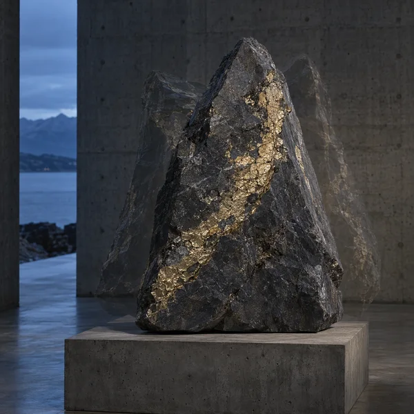 A dark, roughly triangular rock with a branching gold-colored vein stands on a concrete pedestal.