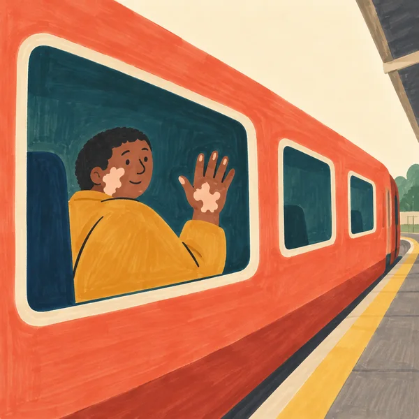A brown-skinned passenger with pale vitiligo patches waves from a large teal window in a coral train, which recedes along a station platform; the passenger…