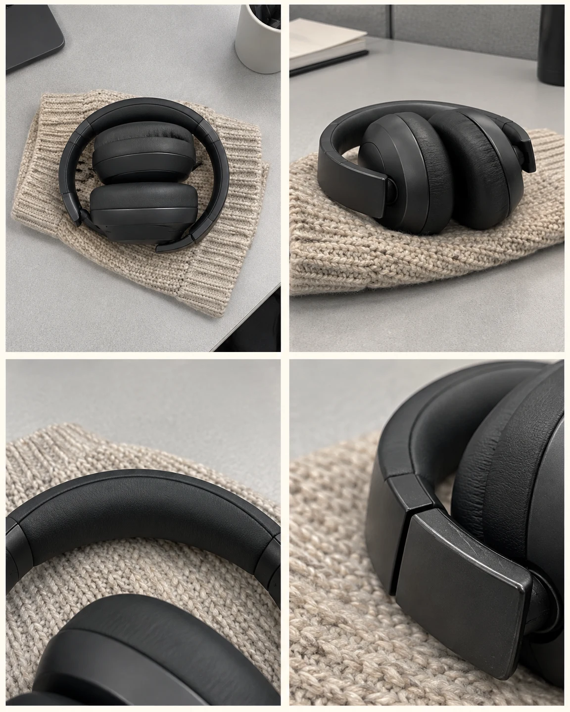 A four-panel contact sheet shows charcoal over-ear headphones on a beige knitted sleeve atop a pale gray desk: an overhead view, an oblique view, and close-ups…