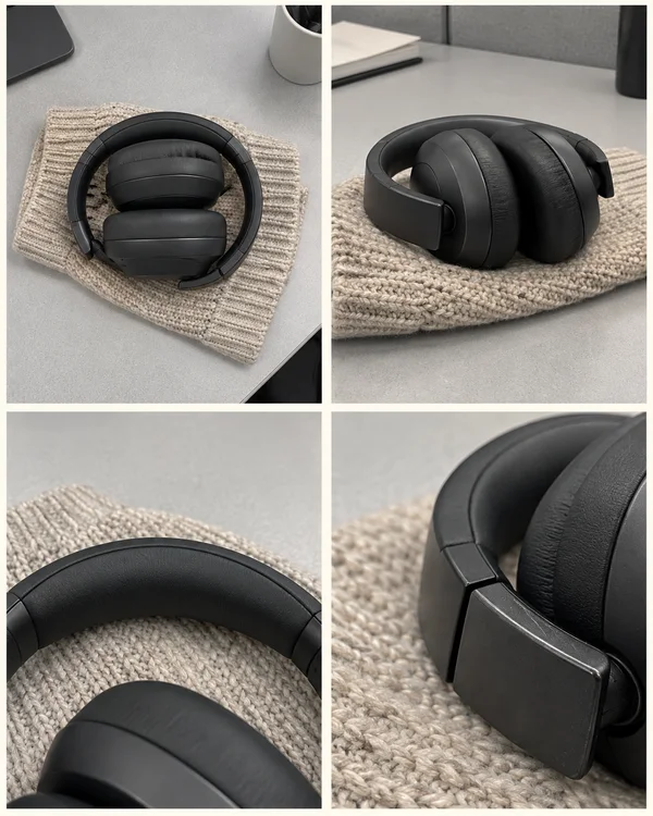 A four-panel contact sheet shows charcoal over-ear headphones on a beige knitted sleeve atop a pale gray desk: an overhead view, an oblique view, and close-ups…