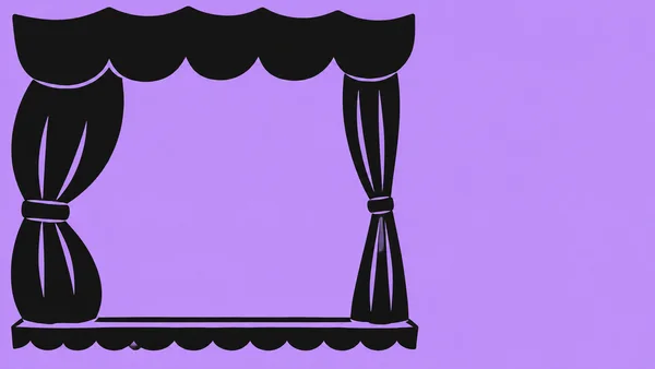 A black silhouette illustration of a theatre stage with a large scalloped valance, tied-back curtains of unequal shapes, and a low scalloped apron against a…