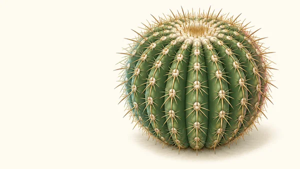 A large rounded green barrel cactus with deep vertical ribs, pale woolly areoles, and long golden spines sits on a pale ivory background, with a faint shadow…