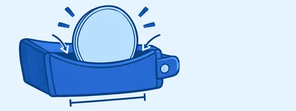 A large cobalt-blue wallet with a blank pale-blue coin rising from its curved opening, two arrows pointing toward the opening, and a bracket beneath it; four…
