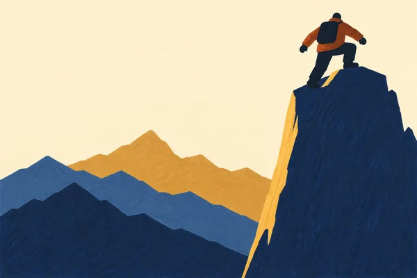 A climber in a rust jacket and dark backpack steps onto a tall navy mountain summit, with layered blue and ochre mountain silhouettes stretching across the…
