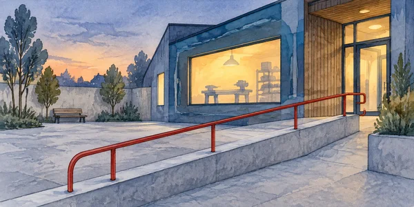 A blue workshop building at dusk, with a broad concrete access ramp and red handrail leading to a tall glass doorway.