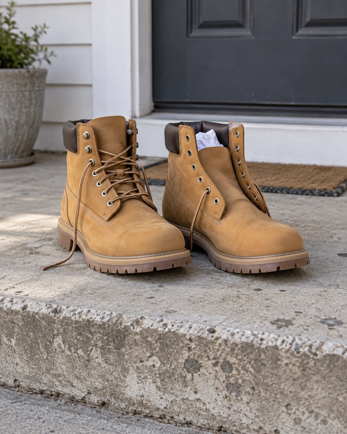 A pair of tan leather work boots sits on a weathered concrete doorstep in front of a dark door.