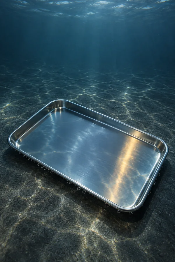 A polished rectangular stainless-steel tray with rounded corners lies diagonally on a dark underwater floor.