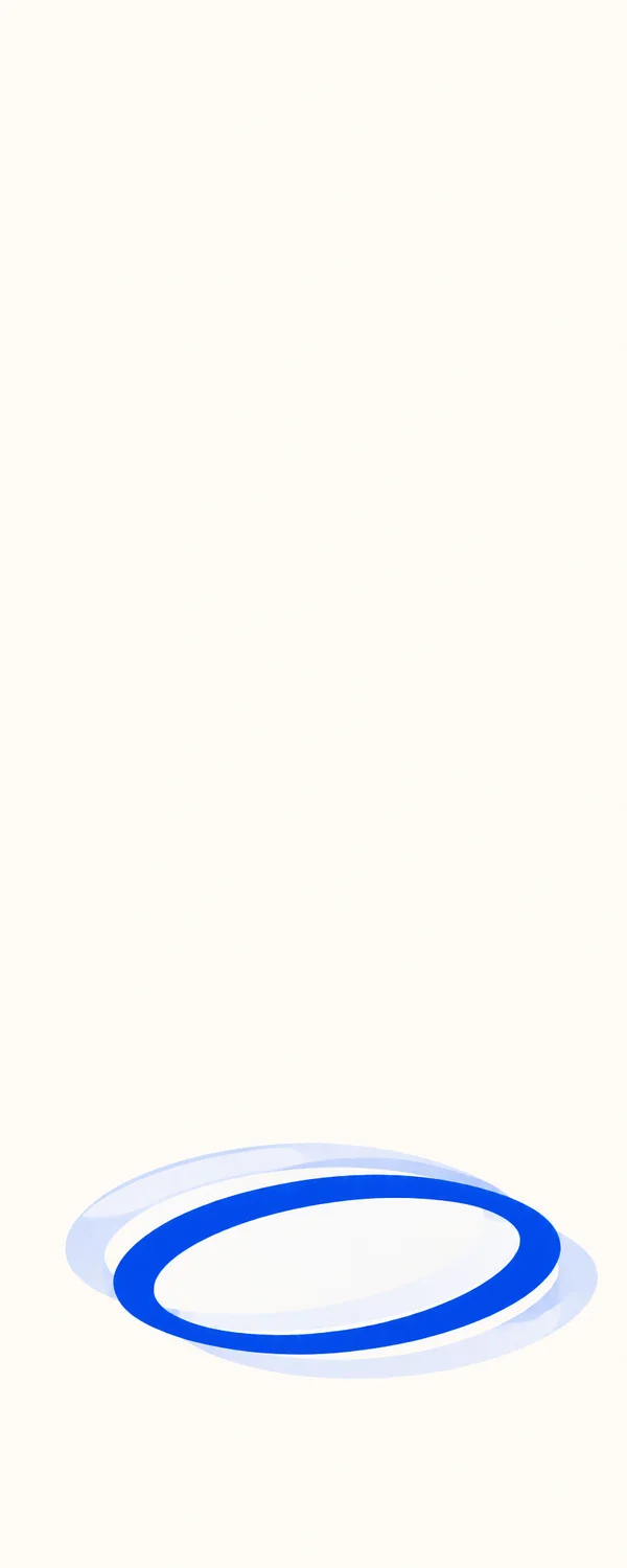 A broad saturated blue elliptical band sits near the bottom of a warm off-white portrait canvas, with two pale translucent blue contours offset behind it and a…