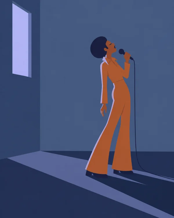 A stylized solo singer in a burnt-orange flared jumpsuit leans back in side profile, singing into a wired handheld microphone in a blue room.