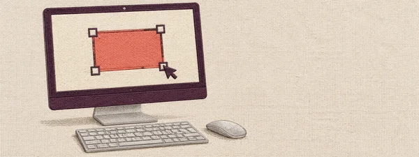 A dark plum embroidered all-in-one desktop computer displays a coral rectangle with four selection handles and a plum cursor.