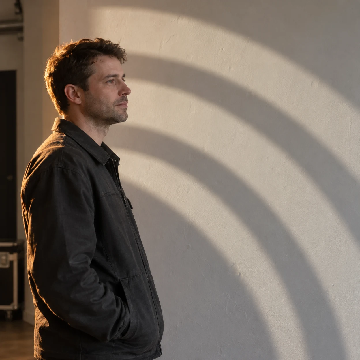 A short-haired man in a charcoal jacket stands in profile beside an off-white wall, looking across broad curved bands of light and shadow; a warm rim outlines…