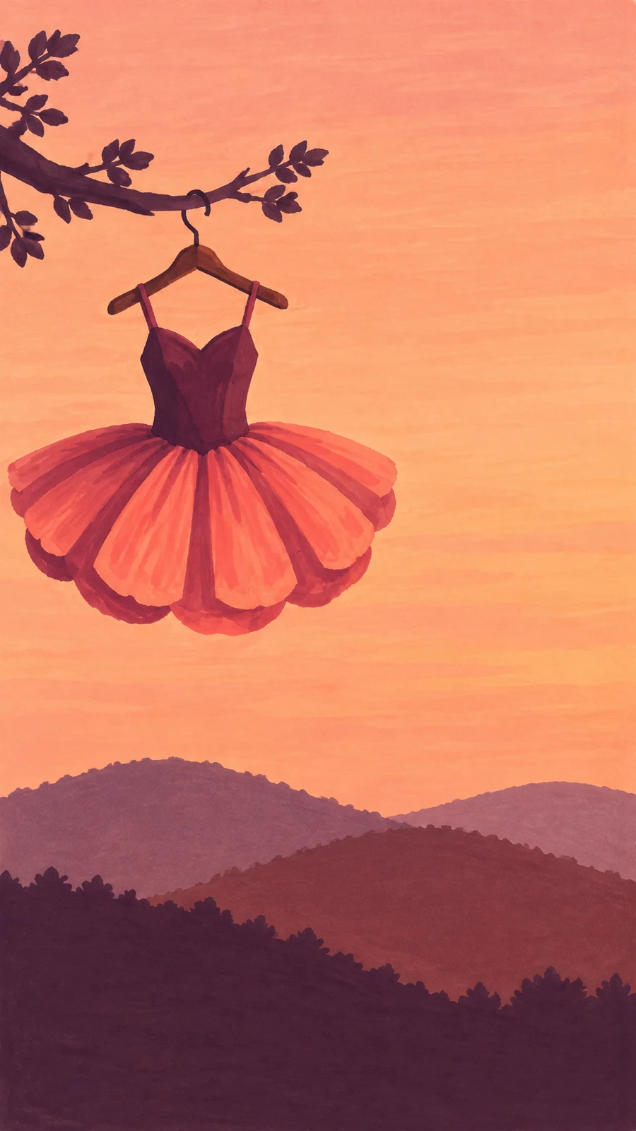 A plum sleeveless bodice and wide coral tutu hang from a wooden hanger on a leafy dark branch against a hazy peach sky, with layered mauve, terracotta and…