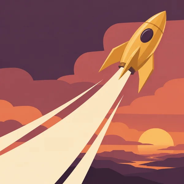 A golden rocket with triangular fins and a dark oval porthole climbs toward the upper right above layered coral and plum clouds, with a broad ivory exhaust…