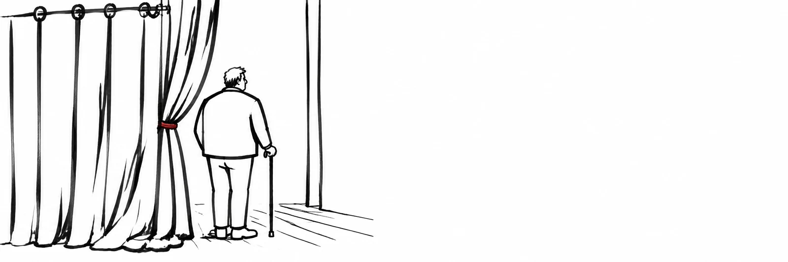 A black-marker drawing shows a person seen from behind holding a cane beside a tall, gathered theatre curtain tied with a small red tie; sparse floor lines…