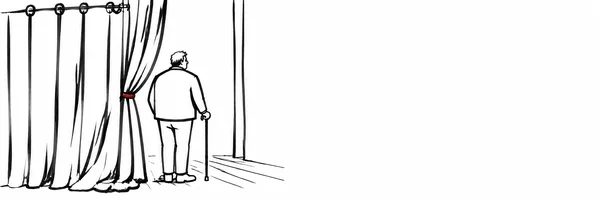 A black-marker drawing shows a person seen from behind holding a cane beside a tall, gathered theatre curtain tied with a small red tie; sparse floor lines…