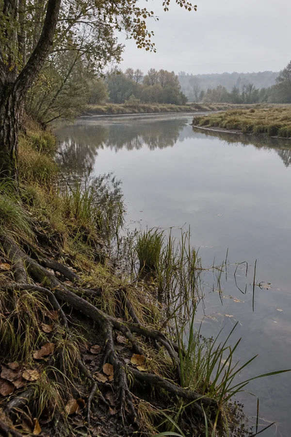 A still, silvery river bend curves past an exposed, root-covered muddy bank with grasses, reeds and fallen leaves.