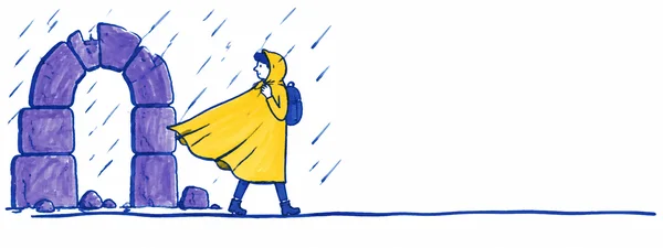 A person in a bright yellow poncho and blue backpack walks beside a broken violet stone arch in diagonal rain, looking back toward the arch.