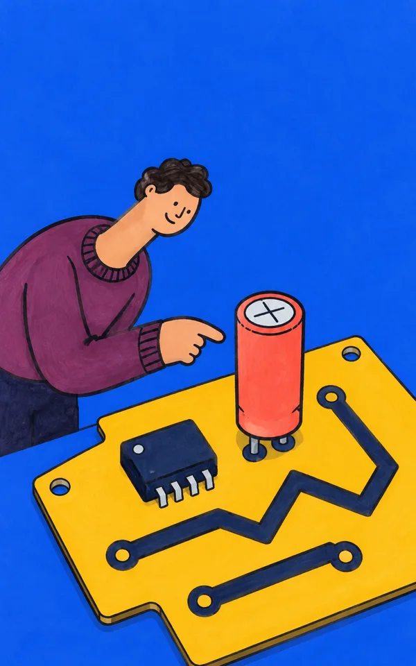 A marker-style illustration shows a person in a plum sweater leaning in from the left to point at a tall coral capacitor on a large yellow circuit board.