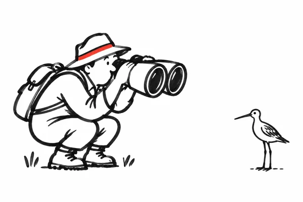 A crouching figure in a white hat with a red brim looks through oversized black binoculars toward a small long-legged bird, with loose grass marks on a white…