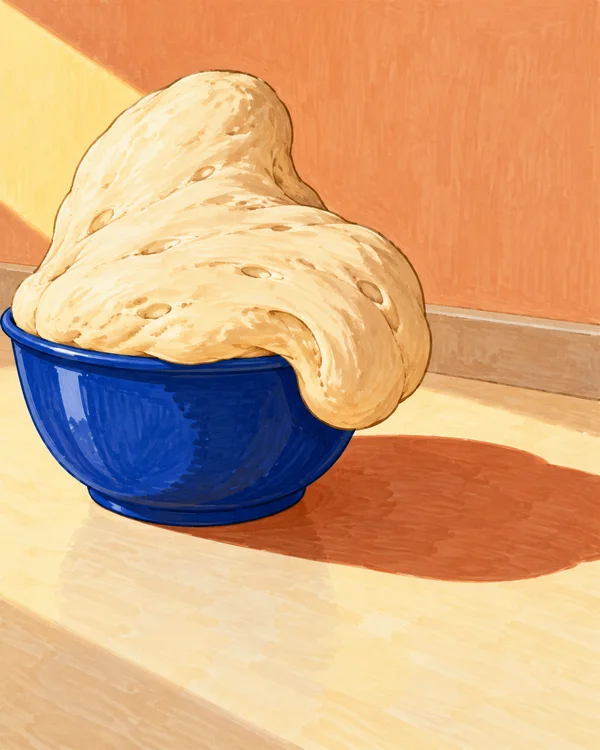 An oversized mound of pale dough with a tall rounded lobe and a heavy fold spilling over a cobalt-blue bowl on a sunlit peach kitchen counter, casting a long…