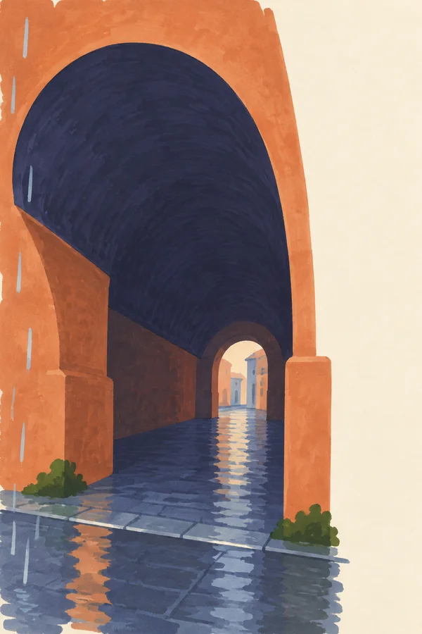 A hand-drawn marker-style illustration of a deep indigo barrel-vaulted passage framed by terracotta supports, with wet blue paving, green moss at the bases…