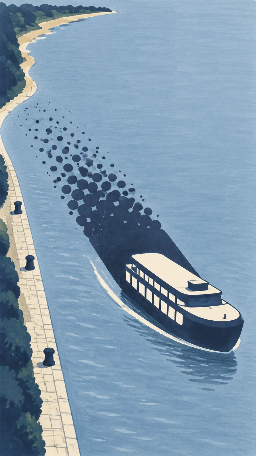 A cream-and-navy river-cruise boat moves through blue water beside a pale stone quay and a wooded, sandy bank.