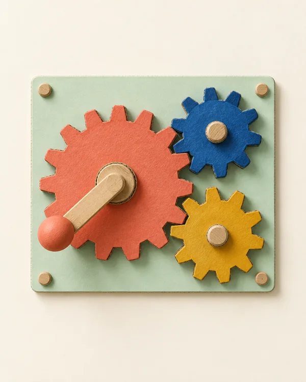 A coral-colored gear with a wooden crank meshes with a smaller blue gear above right and a mustard gear below right, all mounted on a pale mint board against…