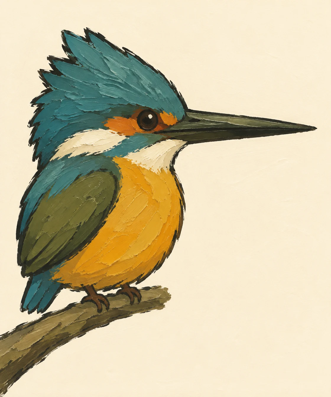 A squat kingfisher with a large teal crest, pale throat, mustard breast, olive wing and long dark beak perches on a diagonal branch against a warm ivory…