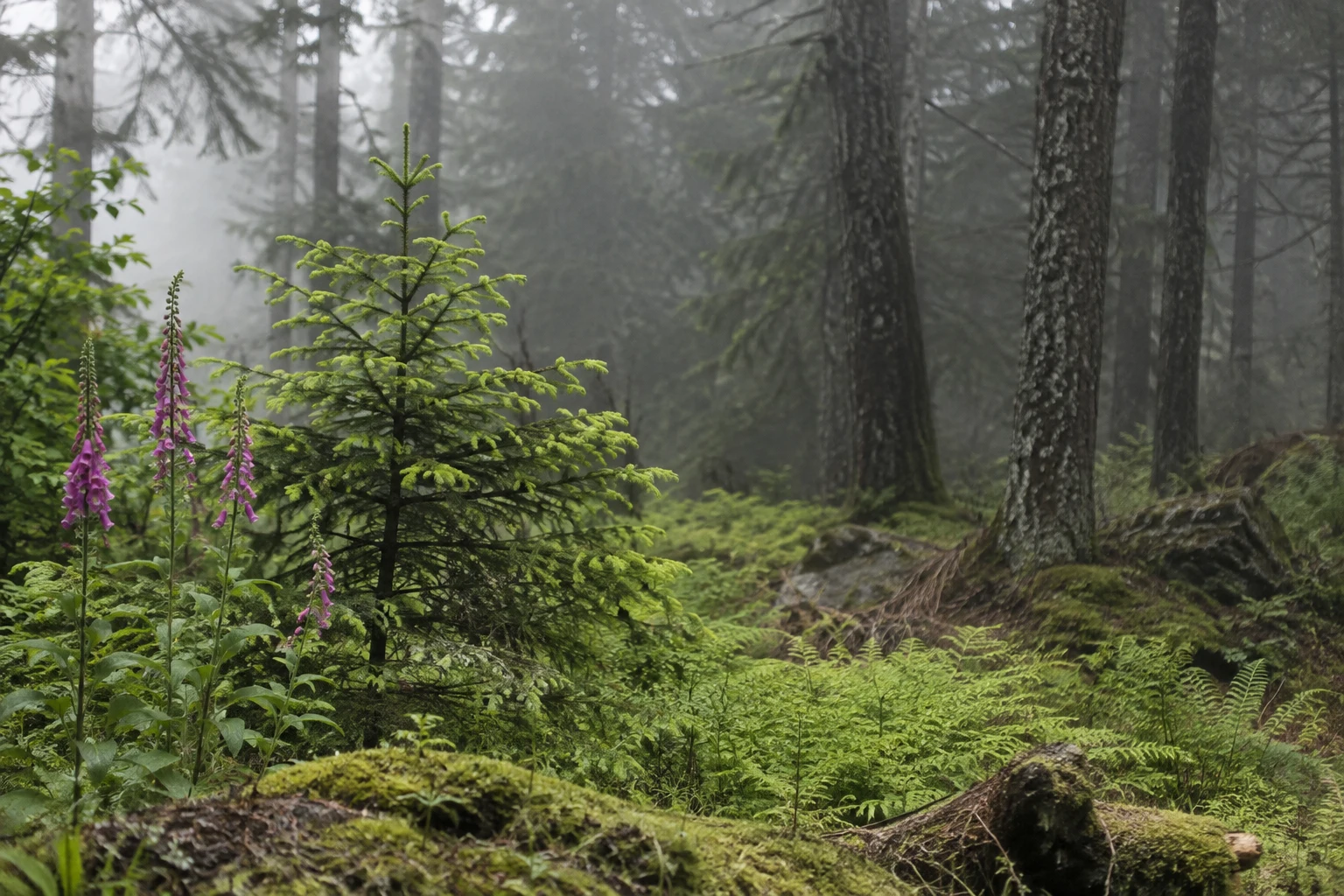 A young lime-green spruce sapling and several fuchsia foxgloves grow among bracken and moss in a misty woodland, with tall dark tree trunks fading into the…