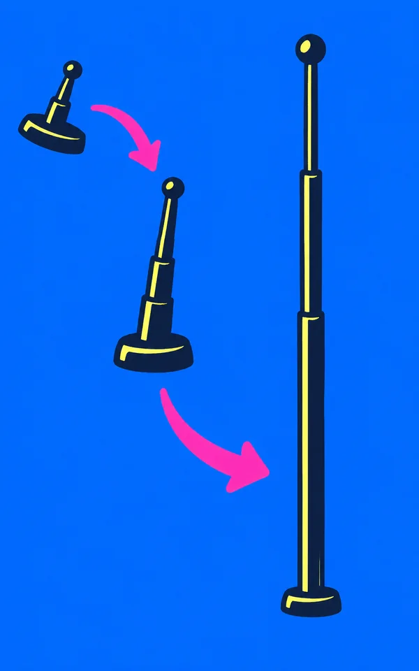 A hand-drawn marker illustration shows three stages of a telescopic antenna extending from a tilted base to a tall upright mast, linked by two pink curved…